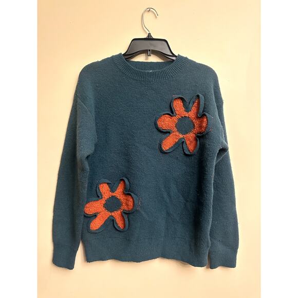 JODIFL Tops - Jodifl Teal Sweater with Textured Orange Flower Appliqué – Retro Floral Knit